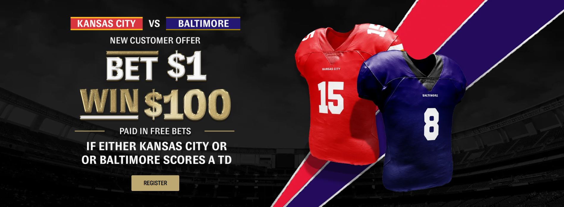 Bet $1 win $100 in free bets offer banner for the Kansas City vs Baltimore NFL game