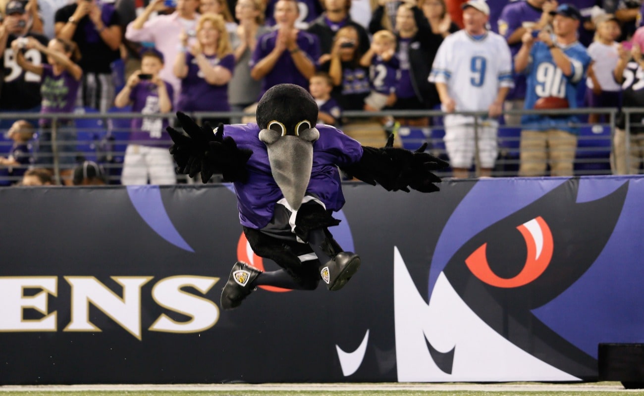 The Baltimore Ravens mascot Poe is introduced prior to the start of the Ravens game against the Detroit Lions at M&T Bank Stadium on August 17, 2012 in Baltimore, Maryland.