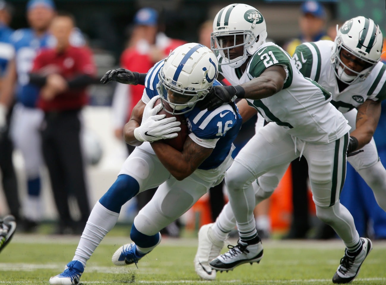 Marcus Johnson #16 of the Indianapolis Colts in action against Morris Claiborne #21 of the New York Jets on October 14, 2018 at MetLife Stadium in East Rutherford, New Jersey.