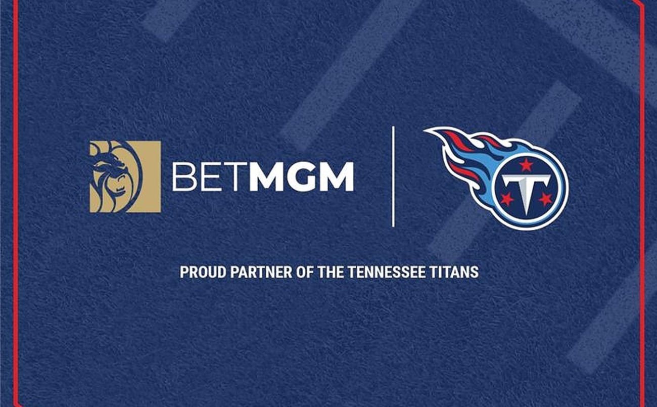 BetMGM and Tennessee Titans logos next to each other on a blue background