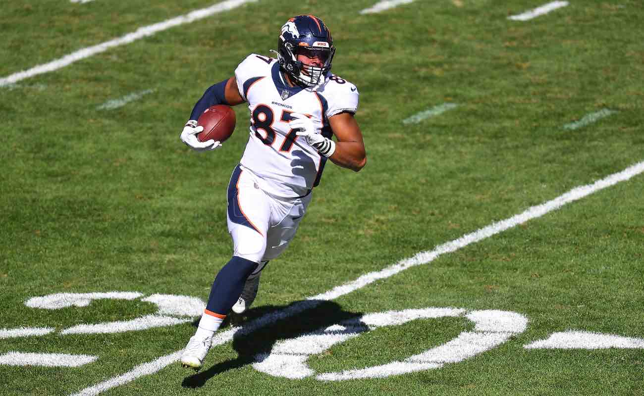 Noah Fant of Denver Broncos in action at Heinz Field September 2020