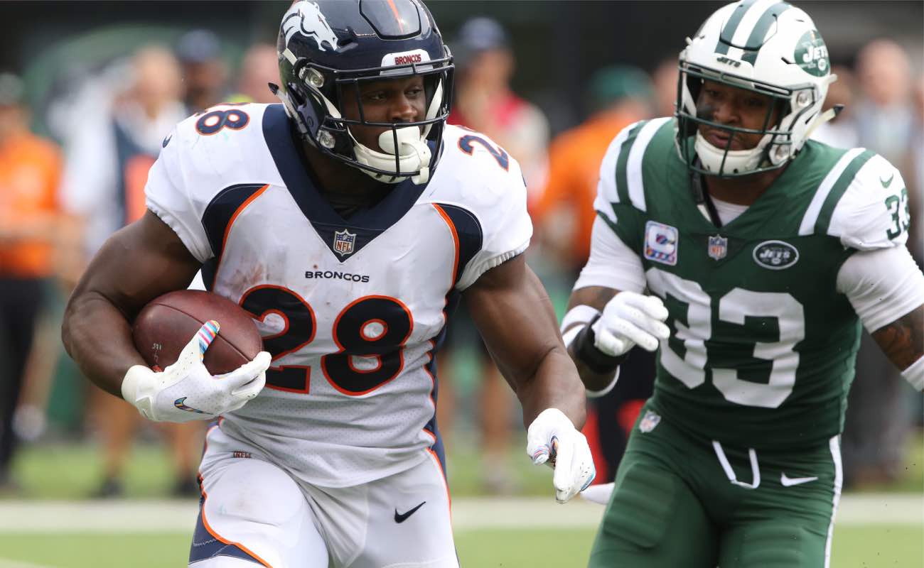 Royce Freeman #28 of the Denver Broncos against the New York Jet at MetLife Stadium October, 2018
