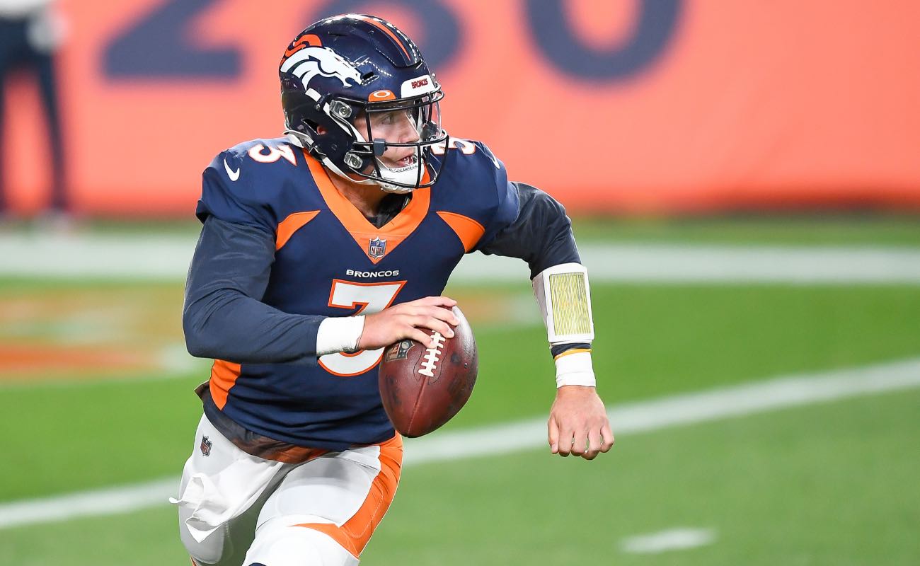 Drew Lock #3 of the Denver Broncos against the Tennessee Titans at Empower Field September 2020