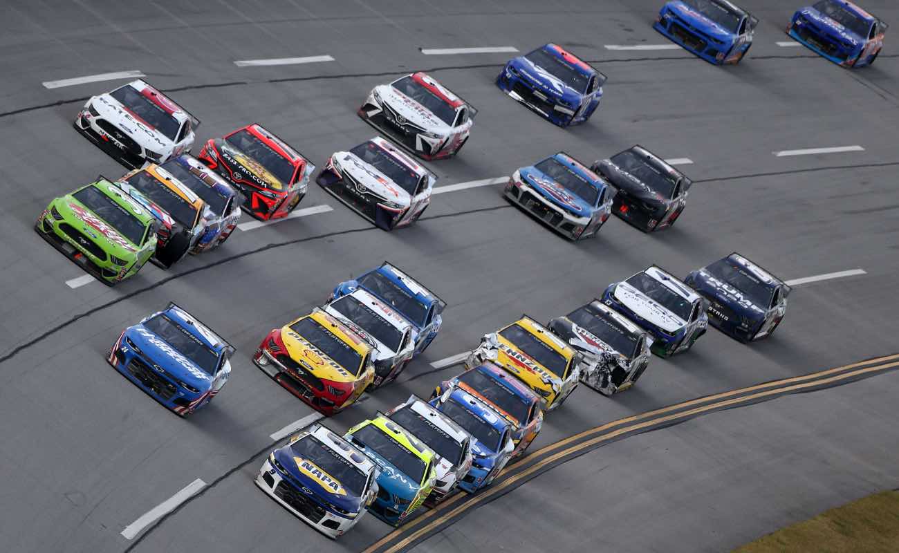 A pack of cars during NASCAR Cup Series YellaWood 500 at Talladega Superspeedway in October 2020