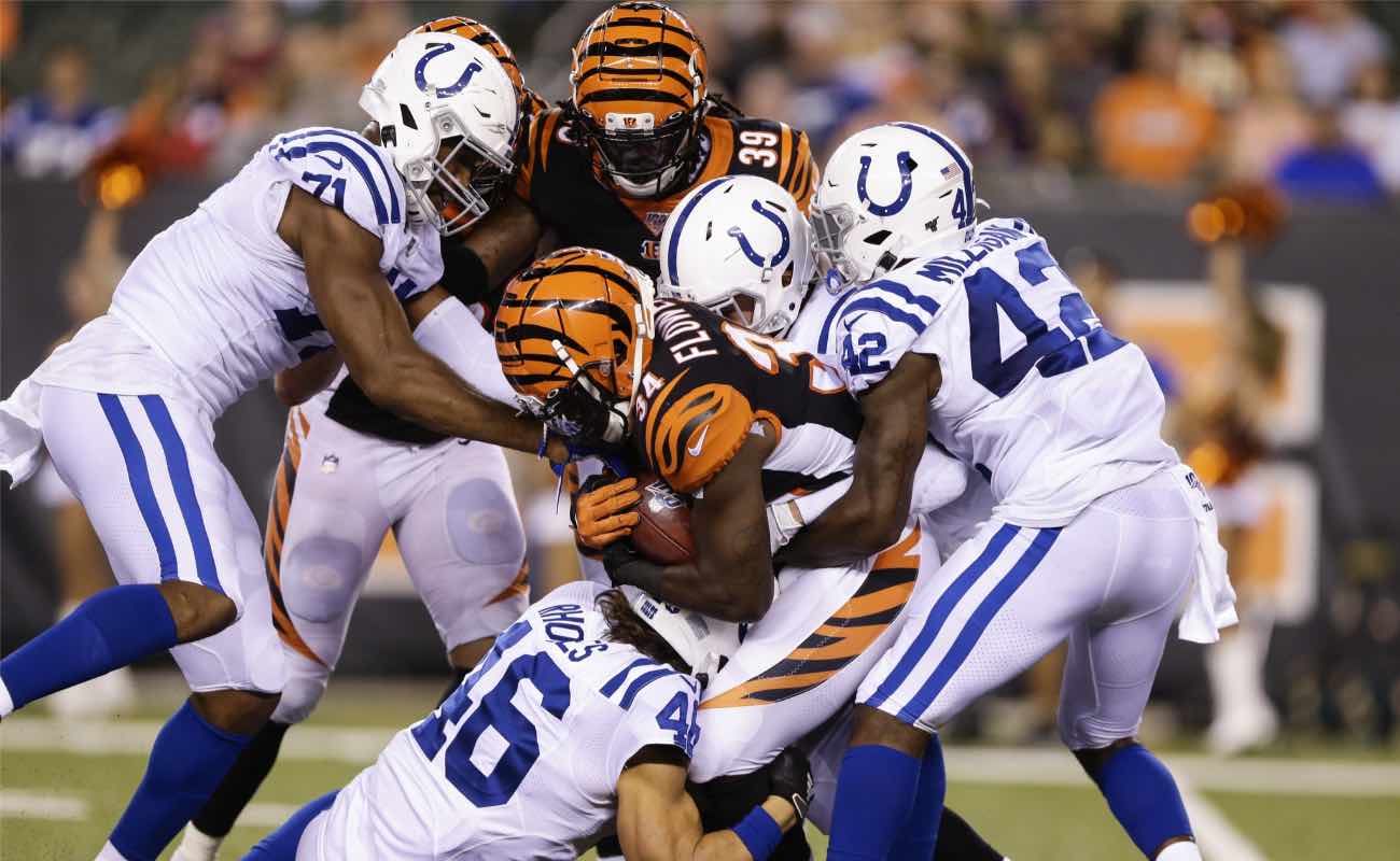 Quinton Flowers of Cincinnati Bengals against Indianapolis Colts defense at Paul Brown Stadium in August 2019