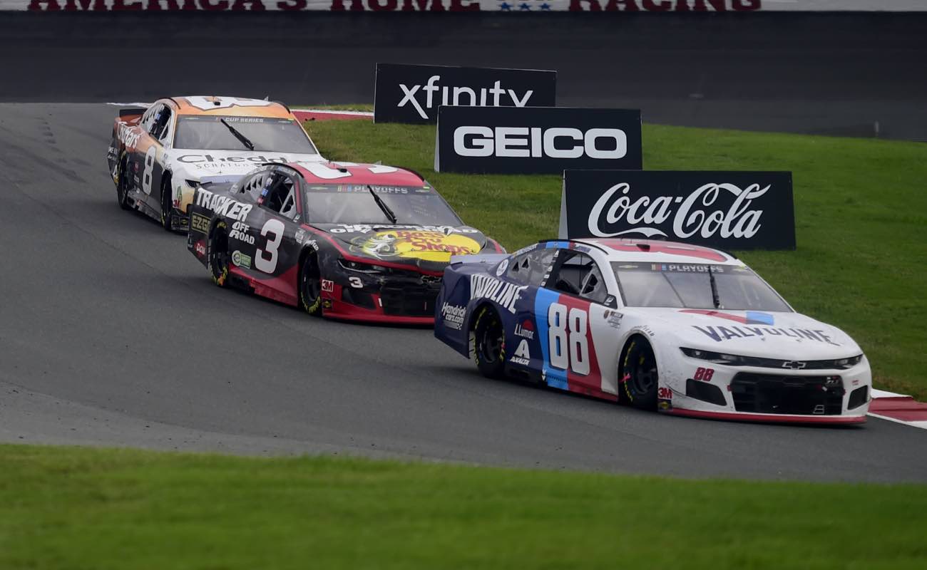 Alex Bowman, Austin Dillon, and Tyler Reddick, race during the NASCAR Cup Series Bank of America ROVAL 400 October 2020