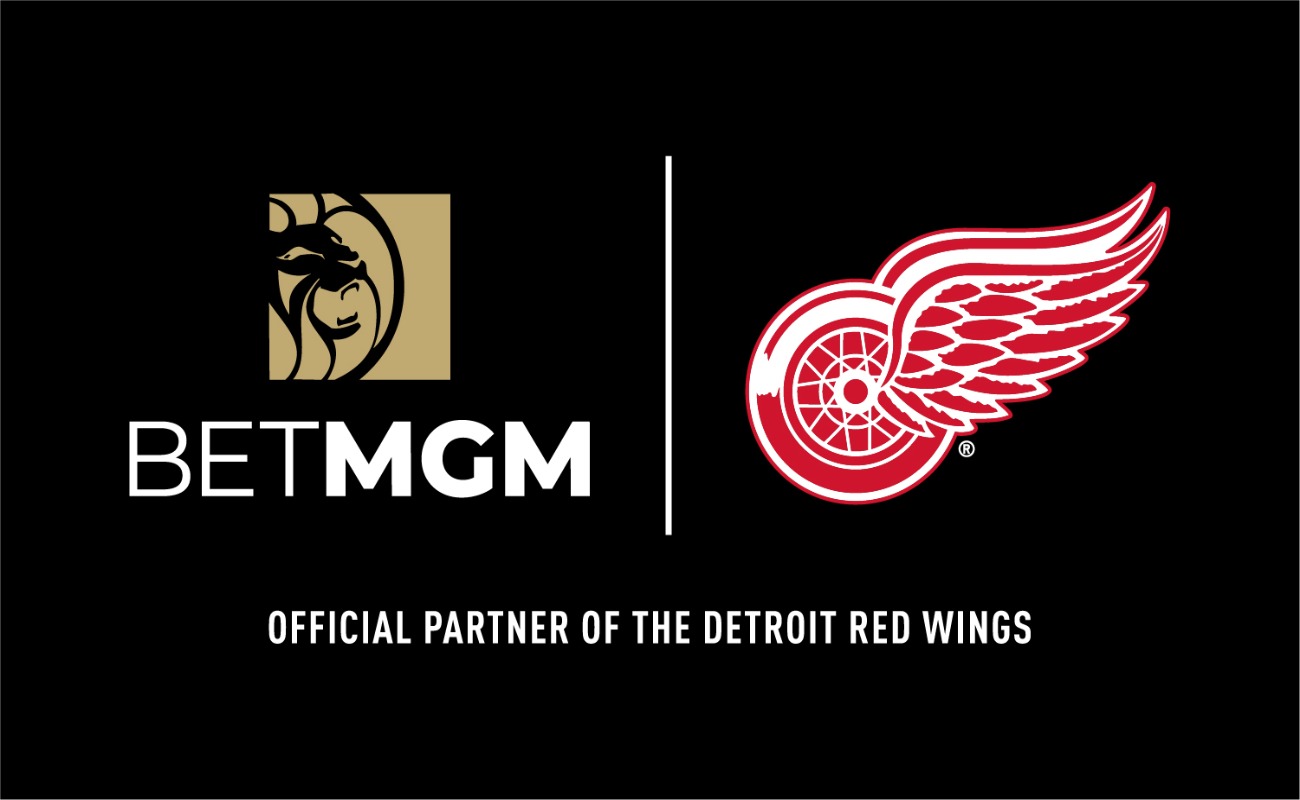 BetMGM and Detroit Red Wings logos side by side on a black background