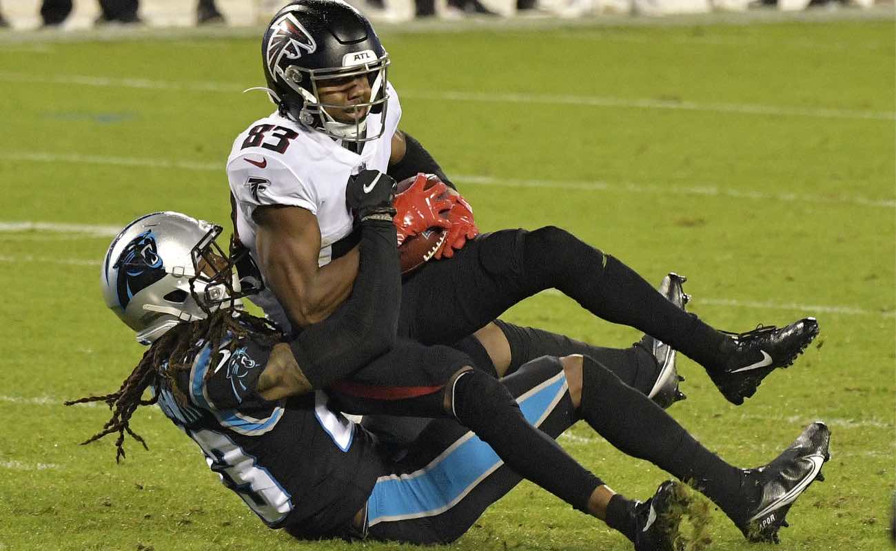 Stantley Thomas-Oliver of Carolina Panthers tackles Russell Gage of Atlanta Falcons at Bank of America Stadium October 2020.