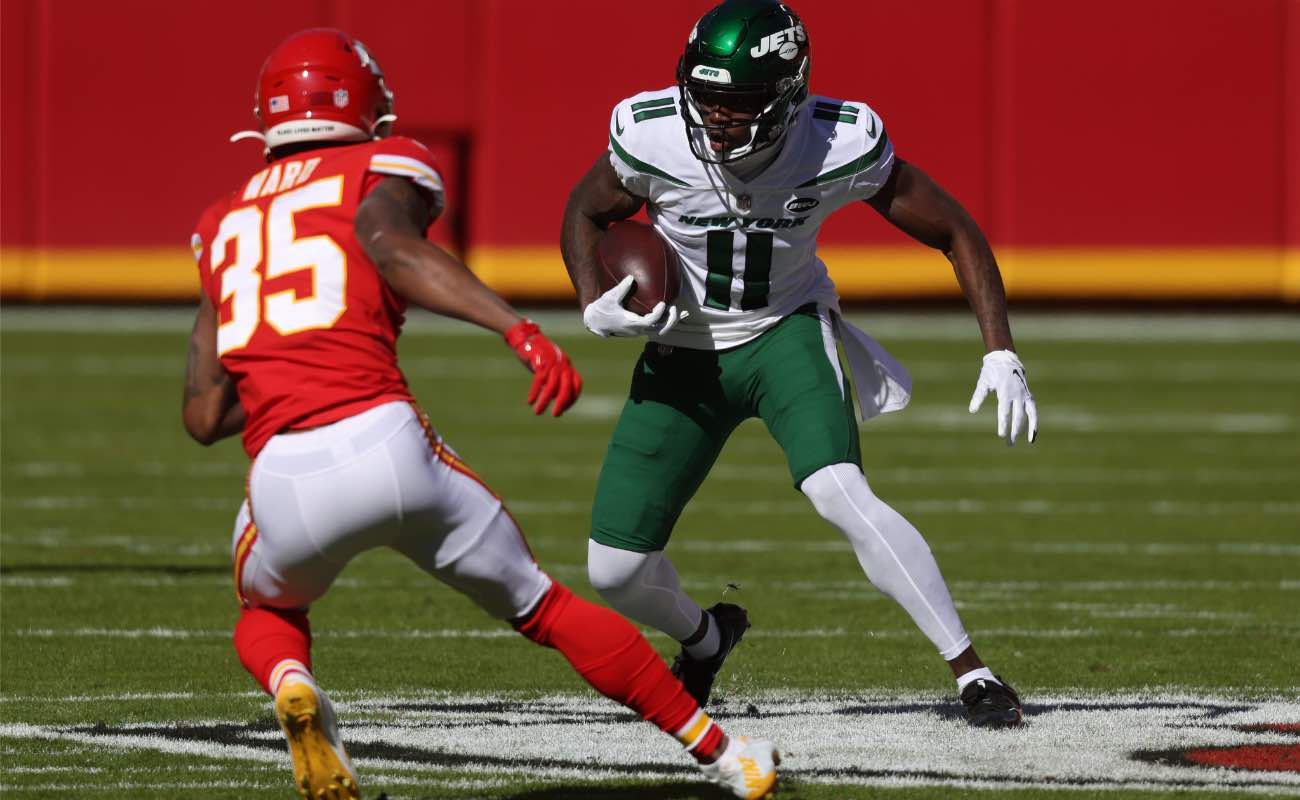 Denzel Mims of New York Jets against the Kansas City Chiefs at Arrowhead Stadium November 2020.