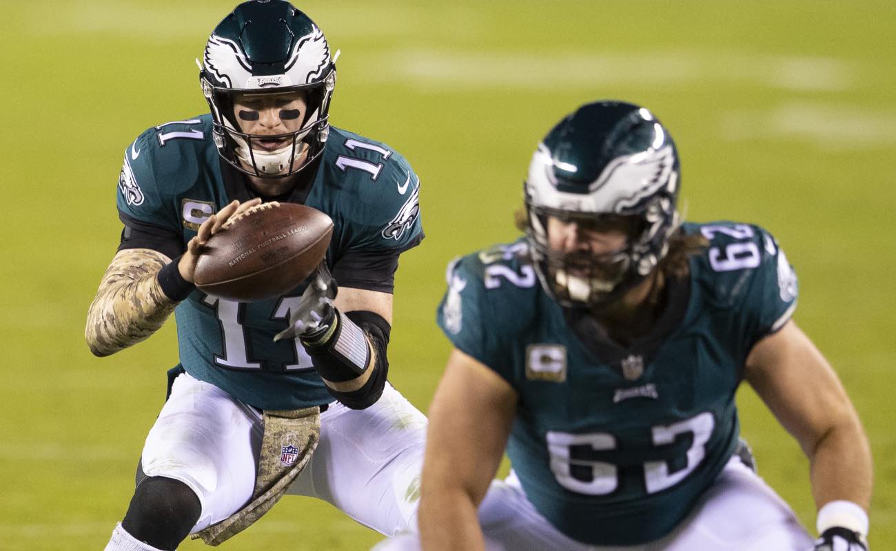 Jason Kelce and Carson Wentz of Philadelphia Eagles against the Dallas Cowboys at Lincoln Financial Field November 2020.