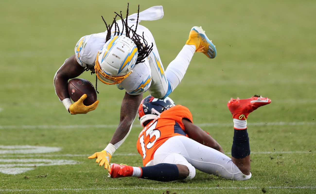 Rayshawn Jenkins of Los Angeles Chargers against KJ Hamler of Denver Broncos at Empower Field At Mile High November 2020.