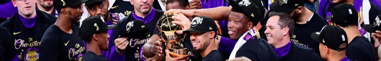 The Los Angeles Lakers celebrating and holding the trophy after winning the 2020 NBA Championship October 2020