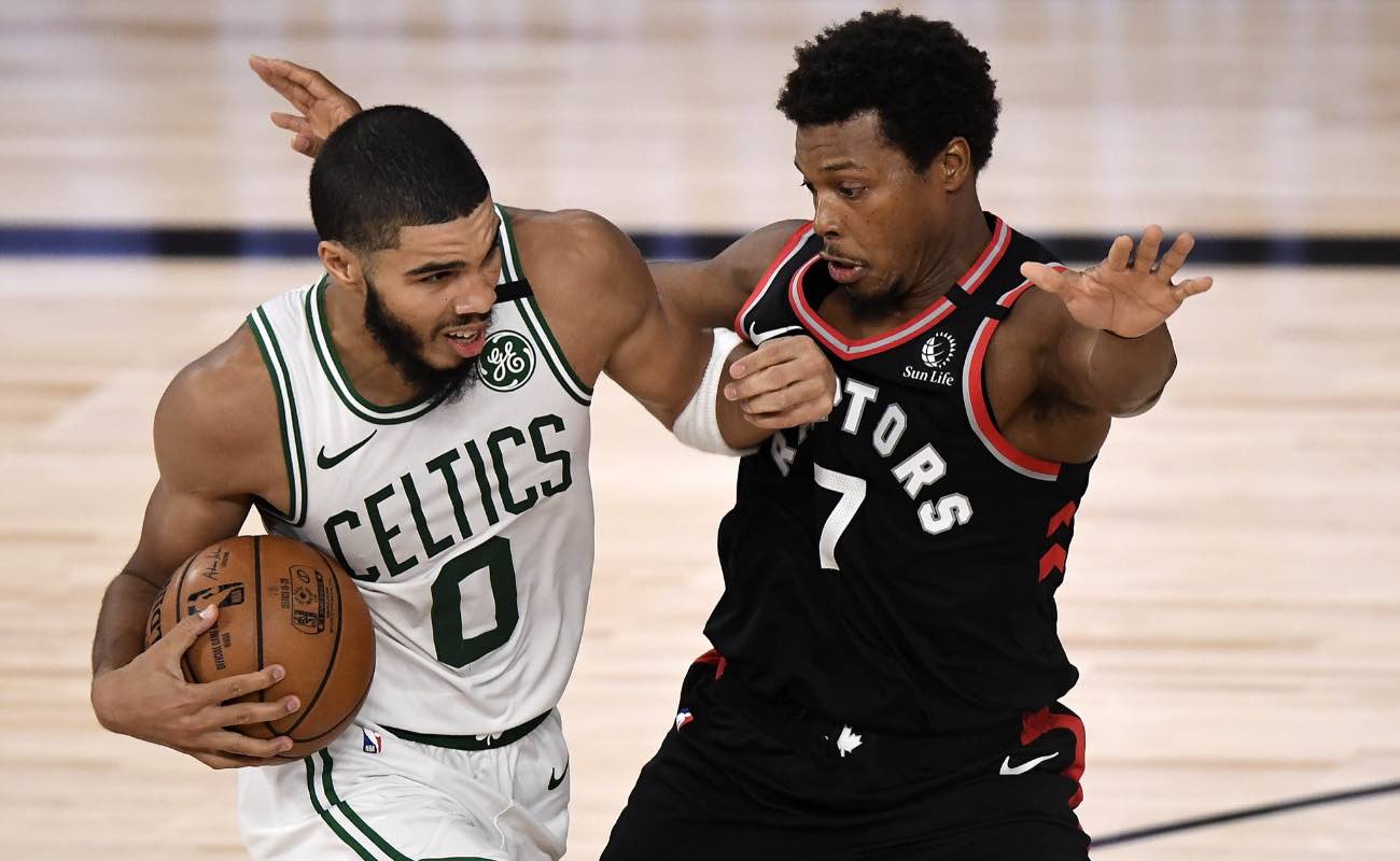 Jayson Tatum of Boston Celtics against Kyle Lowry of Toronto Raptors during the 2020 NBA Playoffs September 2020