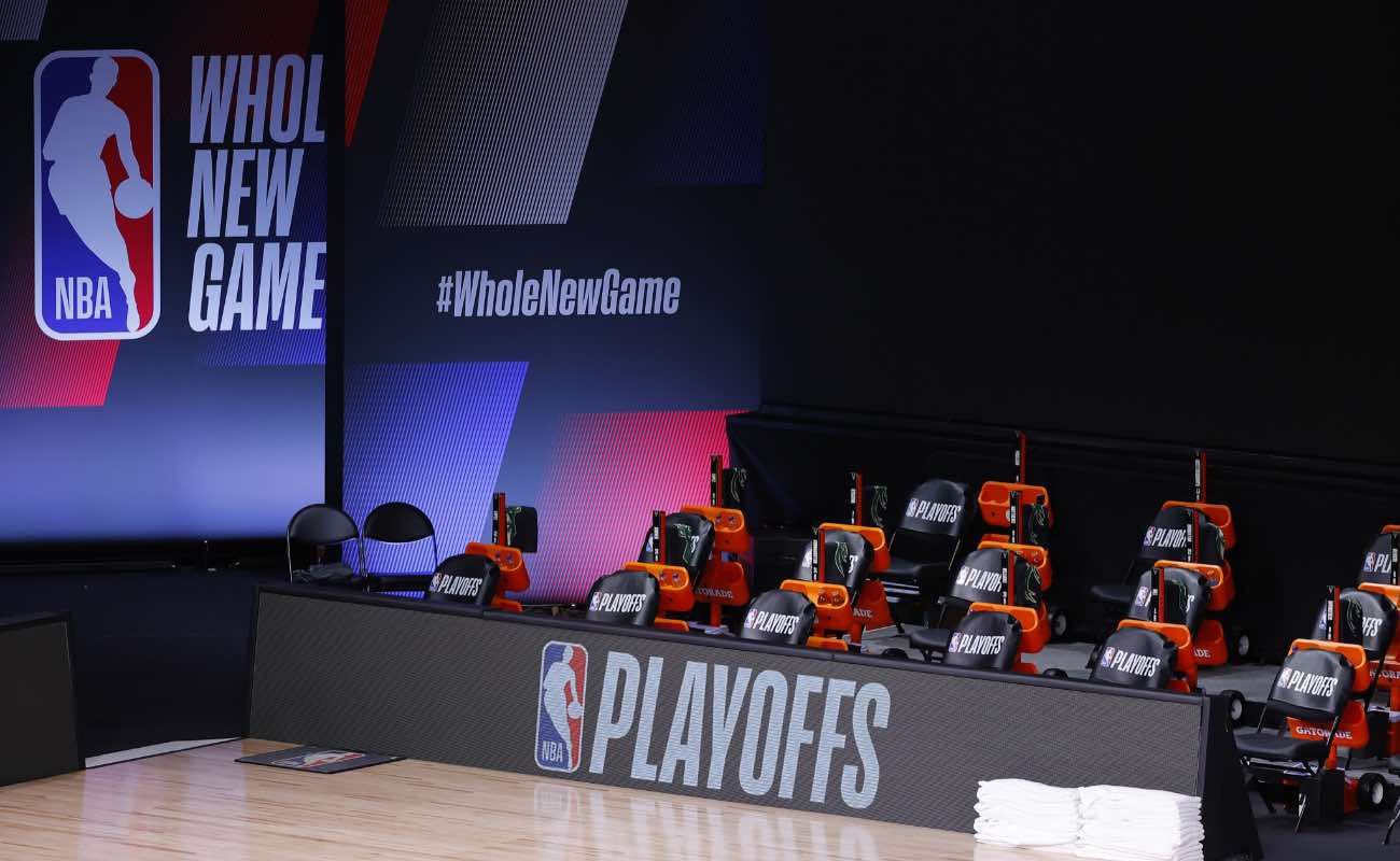 An empty court and bench at the Eastern Conference 2020 NBA Playoffs at ESPN Wide World Of Sports Complex August 2020
