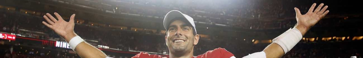 Quarterback Jimmy Garoppolo of San Francisco 49ers celebrates after a win against at Levi's Stadium December 2019