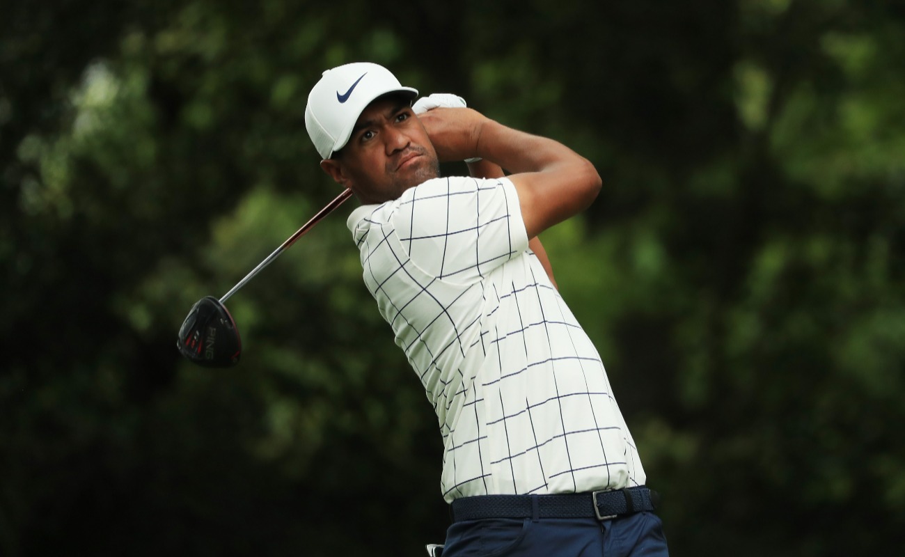 Tony Finau of the United States plays his shot from the second tee during the third round of the Masters at Augusta National Golf Club on April 13, 2019 in Augusta, Georgia.