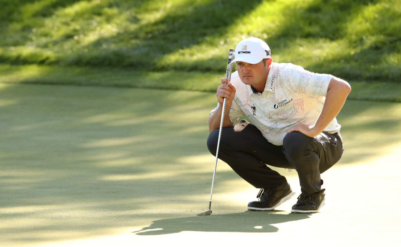 Jason Kokrak of the United States lines up a putt on the 15th green during the final round of The CJ Cup @ Shadow Creek on October 18, 2020 in Las Vegas, Nevada.