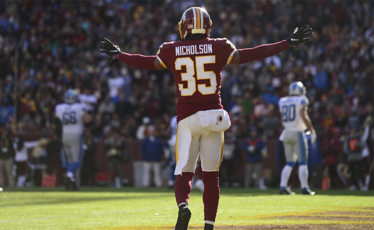 Montae Nicholson of Washington Redskins against the Detroit Lions at FedExField November 2019. Photo by Patrick McDermott/Getty Images.