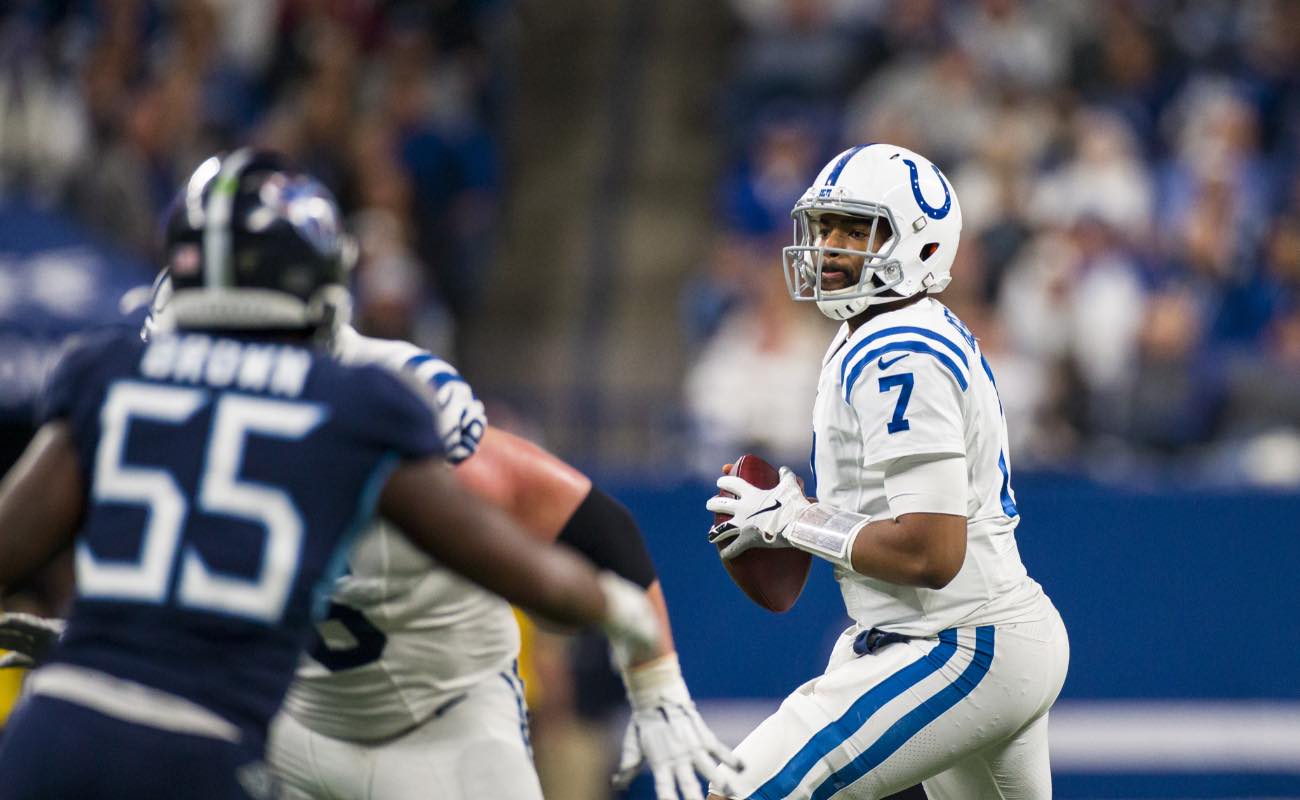 Jacoby Brissett of Indianapolis Colts against the Tennessee Titans at Lucas Oil Stadium December 2019. Photo by Brett Carlsen/Getty Images.