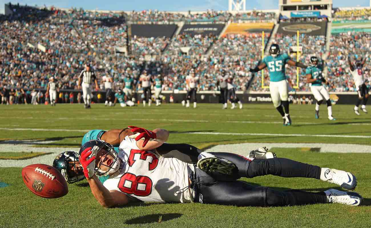 Kevin Walter of Houston Texans catches a touchdown pass against the Jacksonville Jaguars at EverBank Field on November 14, 2010. Photo by Mike Ehrmann/Getty Images.