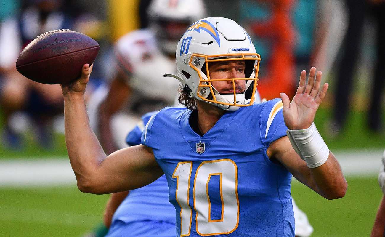Justin Herbert of Los Angeles Chargers against the Miami Dolphins at Hard Rock Stadium November 2020.
