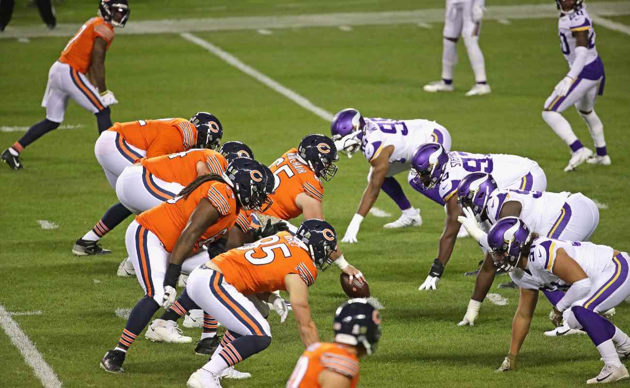 The Chicago Bears offensive line faces off against the Minnesota Viking defensive line at Soldier Field November 2020.
