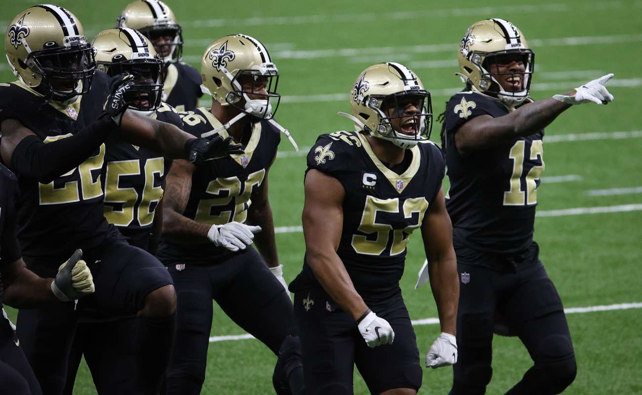 Marquez Callaway, Craig Robertson, P.J. Williams, Demario Davis, and Chauncey Gardner-Johnson of the New Orleans Saints.