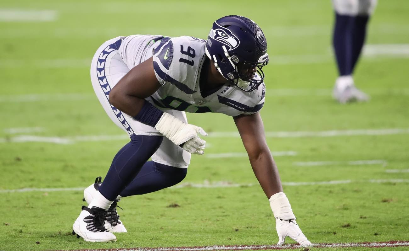 L.J. Collier of Seattle Seahawks against the Arizona Cardinals at State Farm Stadium October 2020.