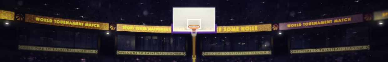 illuminated basketball basket on purple paint with spectators and spotlights in the background.