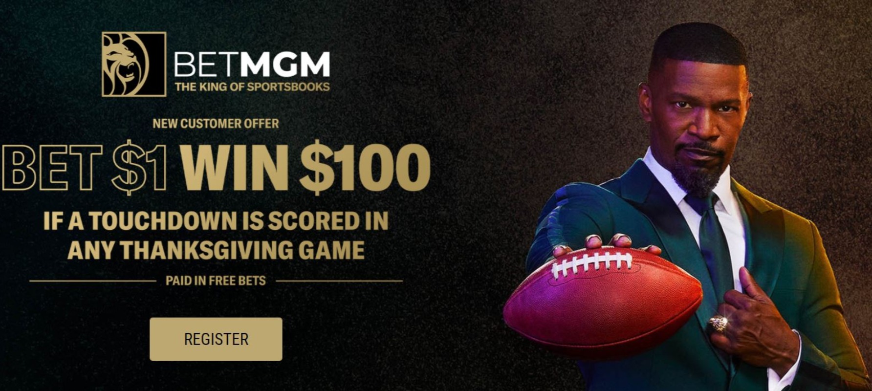 BetMGM's Thanksgiving offer banner with brand ambassador Jamie Foxx