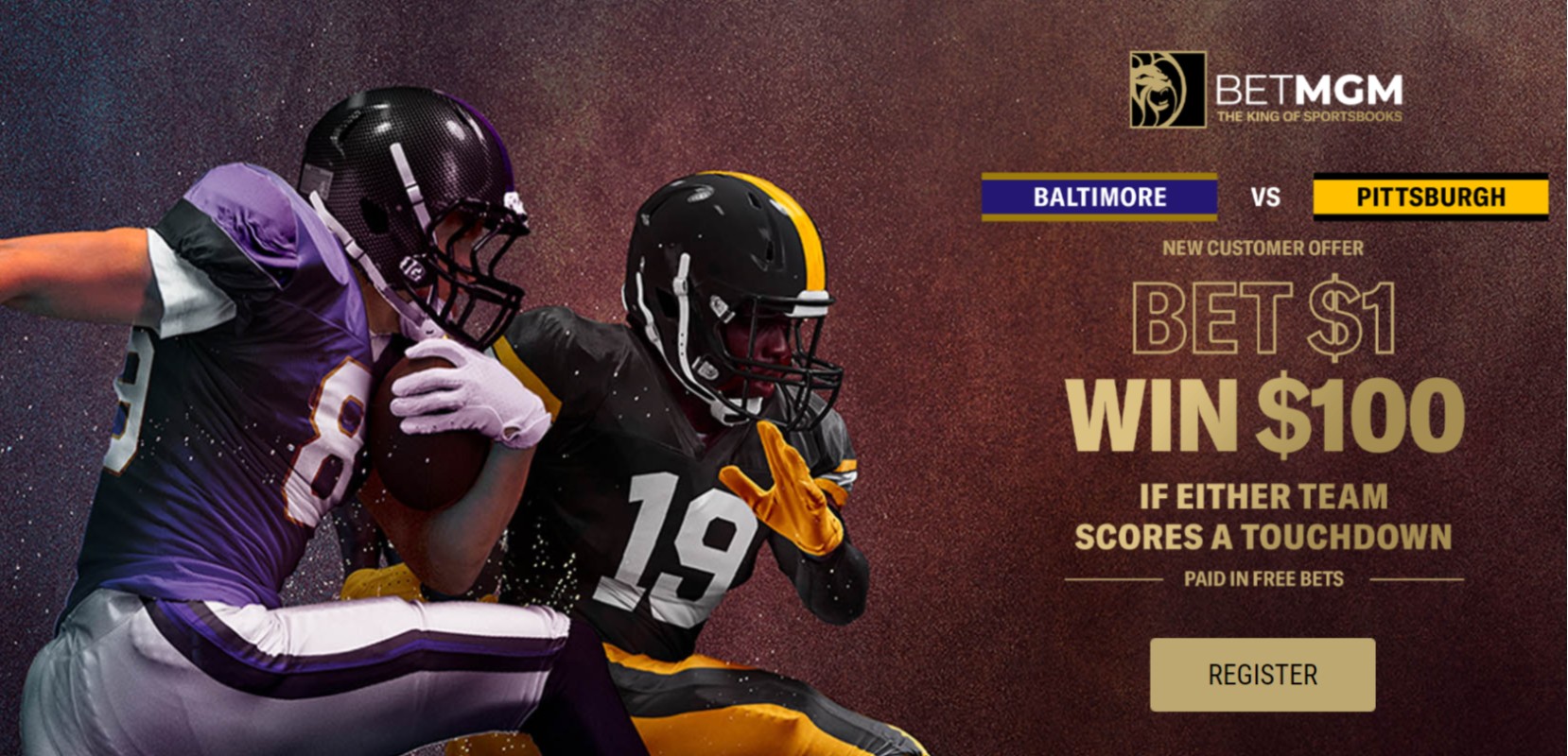 Thanksgiving offer banner for the Baltimore vs. Pittsburgh game with two football players on the left