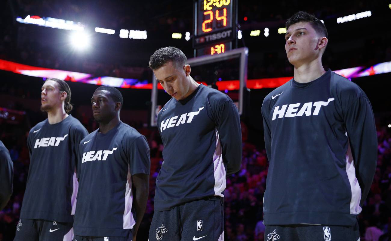 Kelly Olynyk, Kendrick Nunn, Duncan Robinson and Tyler Herro of the Miami Heat against the Washington Wizards at American Airlines Arena January 2020.