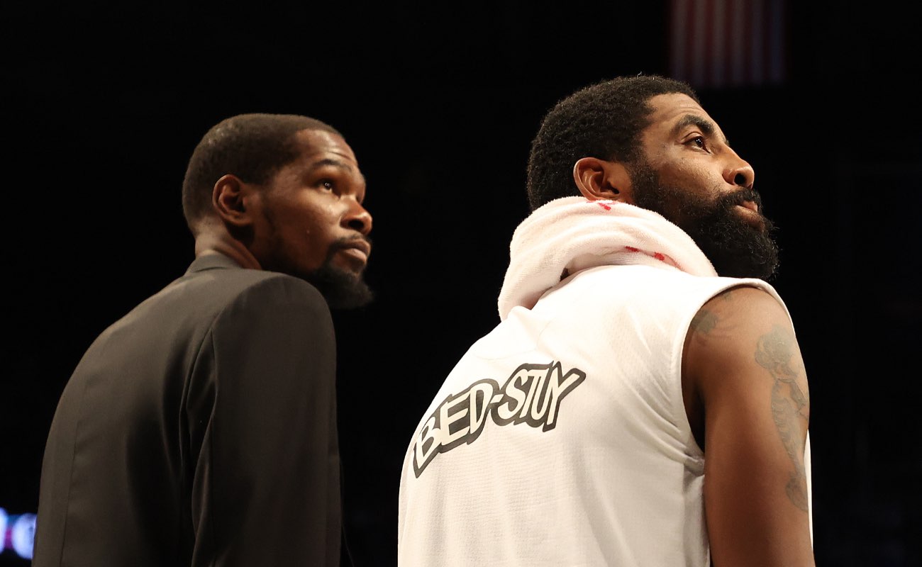 Kevin Durant and Kyrie Irving of the Brooklyn Nets during their game against the Milwaukee Bucks at Barclays Center January 2020.