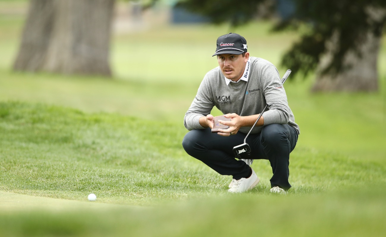 Joel Dahmen of the United States lines up a putt on the second hole during the final round of the 2020 PGA Championship at TPC Harding Park on August 09, 2020 in San Francisco, California.