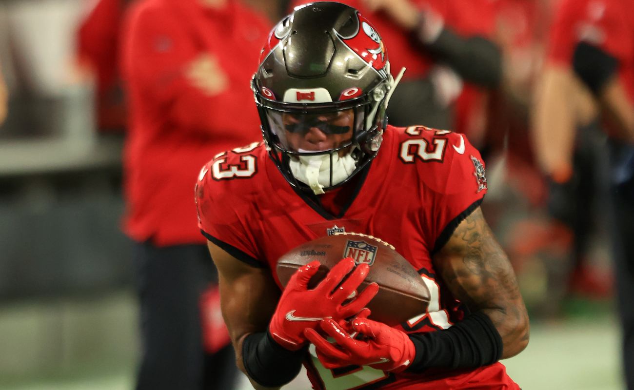 Sean Murphy-Bunting of the Tampa Bay Buccaneers catches an interception. Photo by Mike Ehrmann/Getty Images