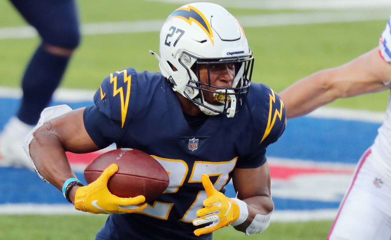 Joshua Kelley of the Los Angeles Chargers rushes with the ball. Photo by Timothy T Ludwig/Getty Images