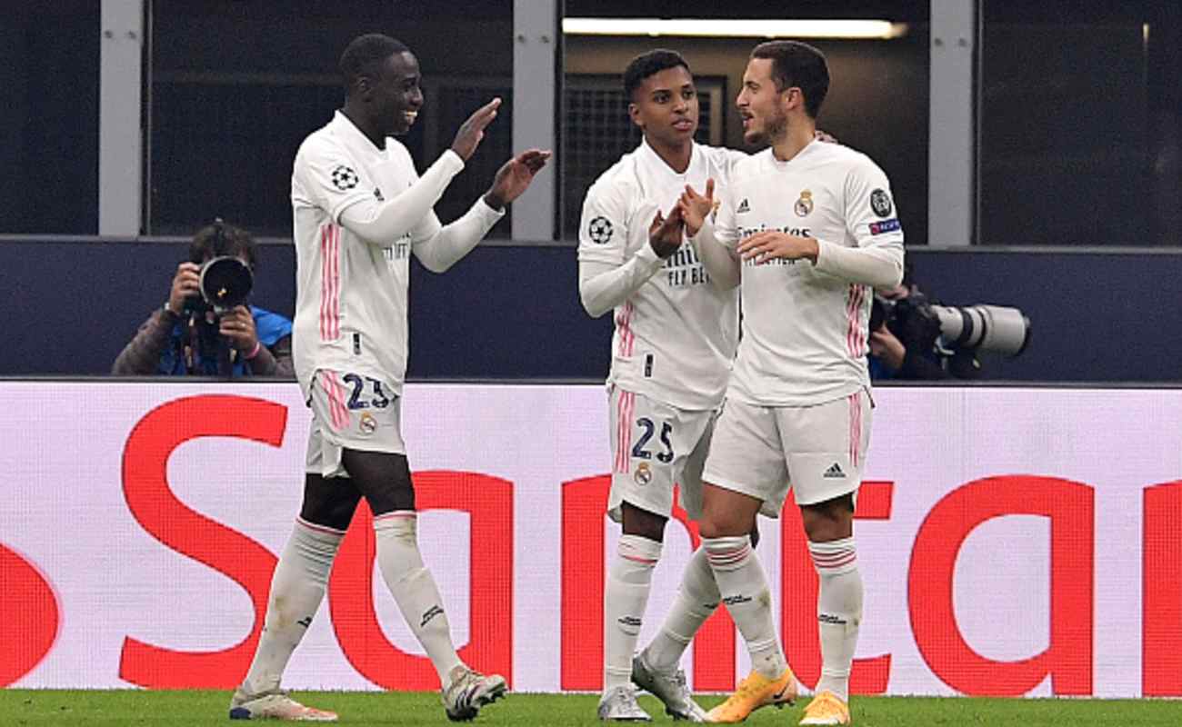 Mendy, Rodrygo, and Hazard of Real Madrid Celebrate After Scoring a Goal Against Inter Milan - Photo by MATTIA OZBOT