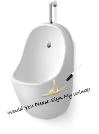 A white urinal on a white background with the text "would you please sign my urinal?"