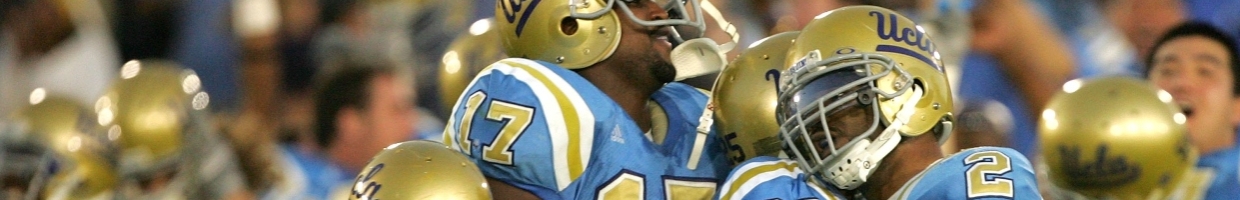 Linebacker Eric McNeal #2 of the UCLA Bruins celebrates with Bret Lockett #25, Justin Hickman #17, and Chris Horton #14 after intercepting a pass on the USC Trojans last drive on December 2, 2006 at the Rose Bowl in Pasadena, California. The UCLA Bruins defeated the USC Trojans 13-9. (Photo by Stephen Dunn/Getty Images)