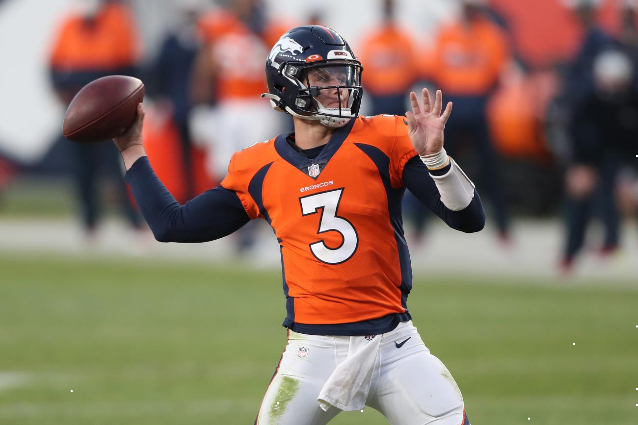 DENVER, COLORADO - NOVEMBER 01: Quarterback Drew Lock #3 of the Denver Broncos looks to throw for a touchdown against the Los Angeles Chargers in the fourth quarter of the game at Empower Field At Mile High on November 01, 2020 in Denver, Colorado. (Photo by Matthew Stockman/Getty Images)