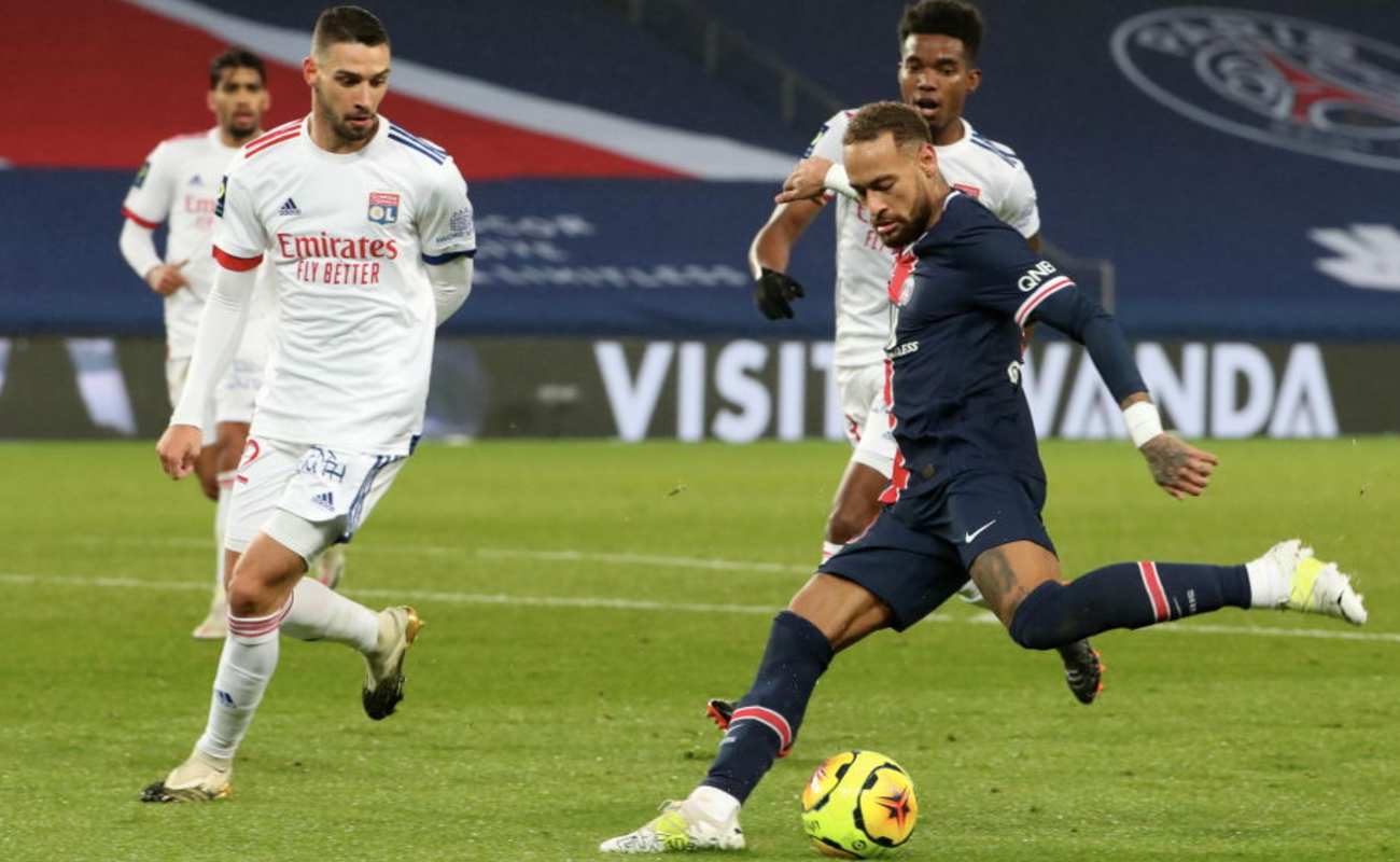 Neymar JR. of PSG Takes a Shot at Goal in a Game Against Lyon - Photo by Xavier Laine/Getty Images