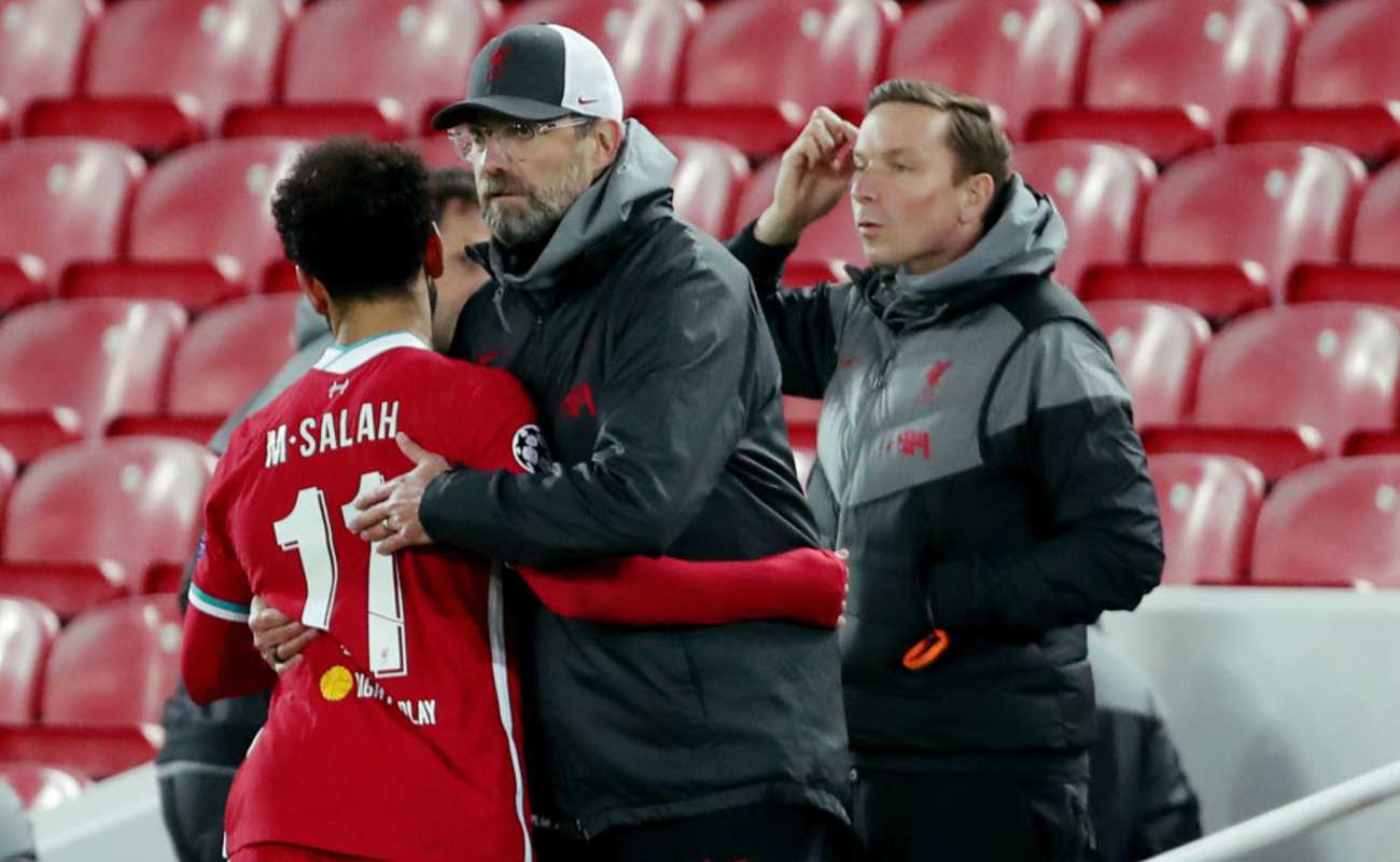 Mo Salah is Hugged By Manager Jürgen Klopp After Scoring a Goal - Photo by Richard Sellers/Getty Images