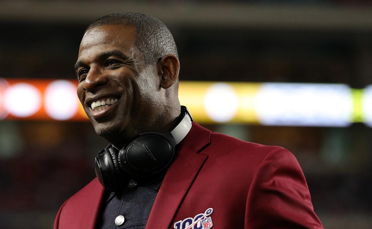 MIAMI, FLORIDA - FEBRUARY 02: Deion Sanders of the NLF 100 All-Time Team is honored on the field prior to Super Bowl LIV between the San Francisco 49ers and the Kansas City Chiefs at Hard Rock Stadium on February 02, 2020 in Miami, Florida. (Photo by Maddie Meyer/Getty Images)