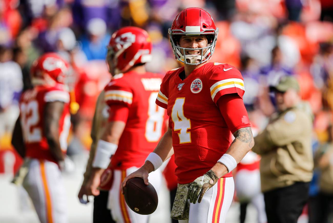 Chad Henne #4 of the Kansas City Chiefs smiles during pregame warmups prior to the game against the Minnesota Vikings at Arrowhead Stadium on November 3, 2019 in Kansas City, Missouri. (Photo by David Eulitt/Getty Images)