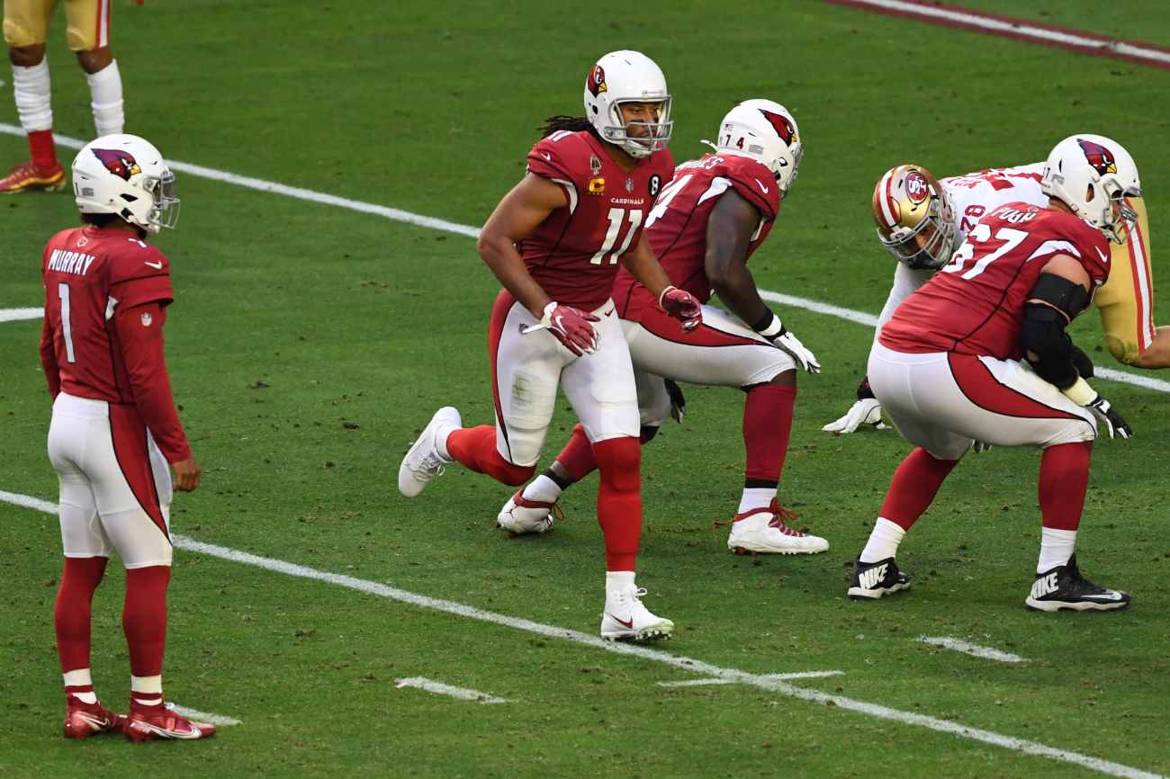 Larry Fitzgerald #11 of the Arizona Cardinals goes in motion prior to the snap against the San Francisco 49ers at State Farm Stadium on December 26, 2020 in Glendale, Arizona. (Photo by Norm Hall/Getty Images)
