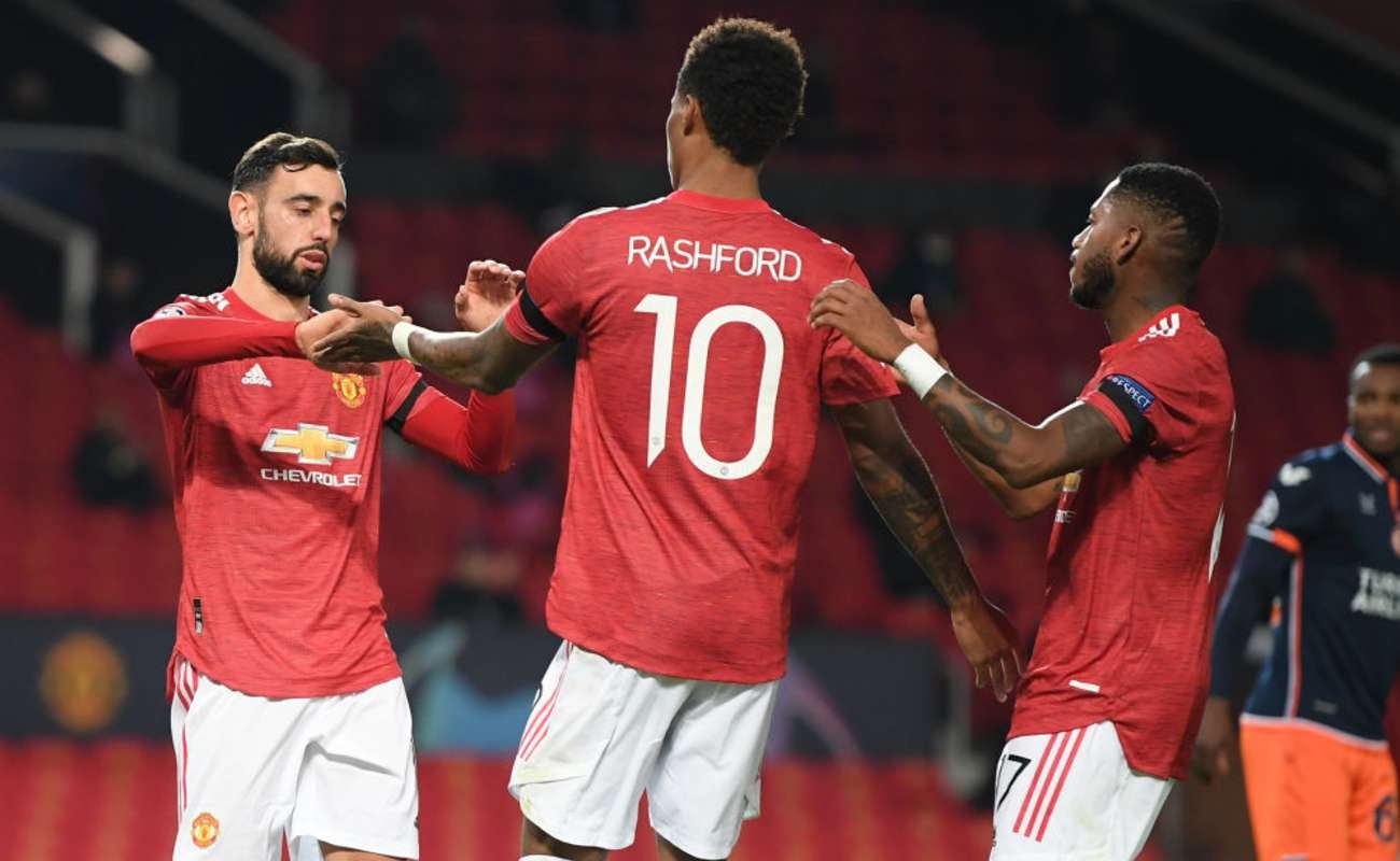 Bruno Fernandes, Marcus Rashford, and Fred of Manchester United Celebrate After a Goal - Photo By Michael Regan