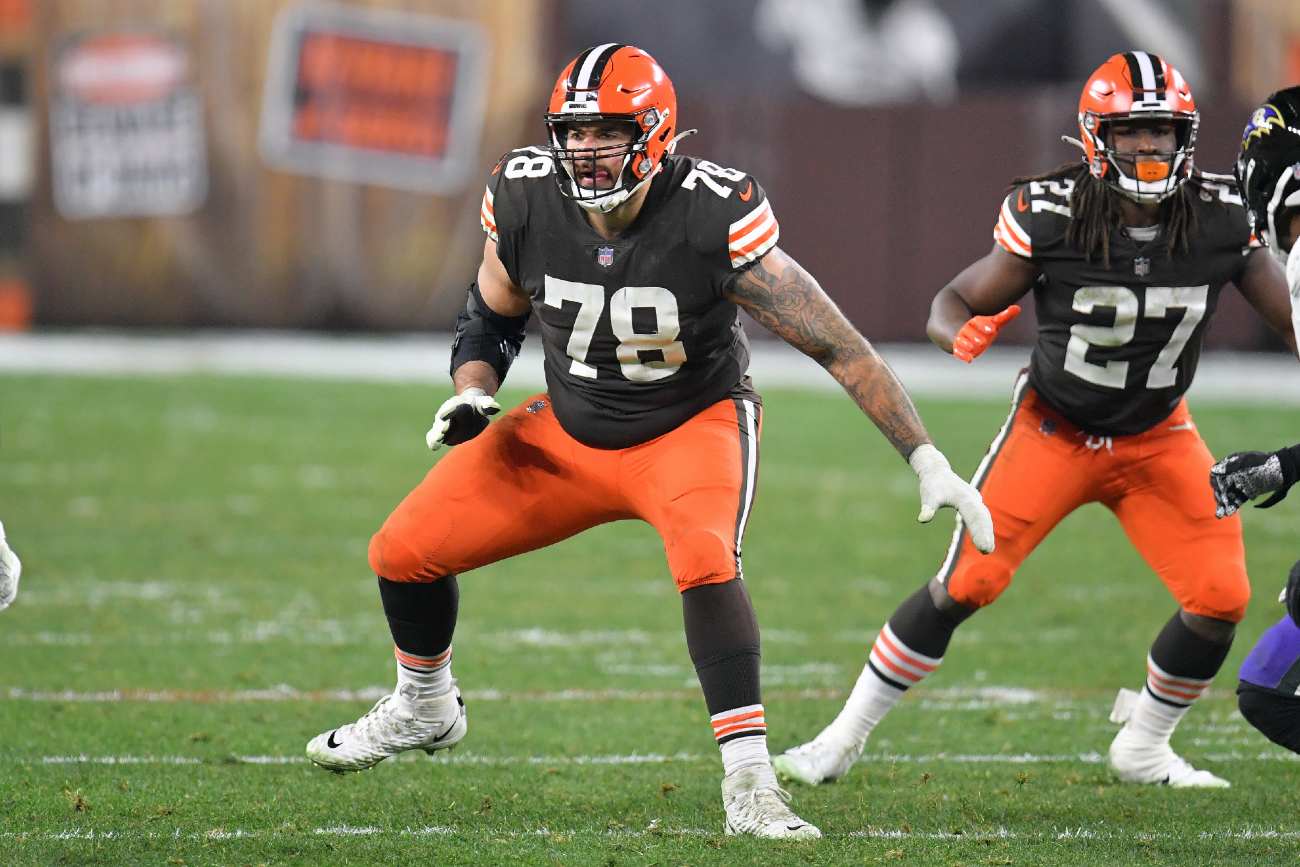 CLEVELAND, OHIO - DECEMBER 14: Offensive tackle Jack Conklin #78 of the Cleveland Browns blocks during the second half against the Baltimore Ravens at FirstEnergy Stadium on December 14, 2020 in Cleveland, Ohio. (Photo by Jason Miller/Getty Images