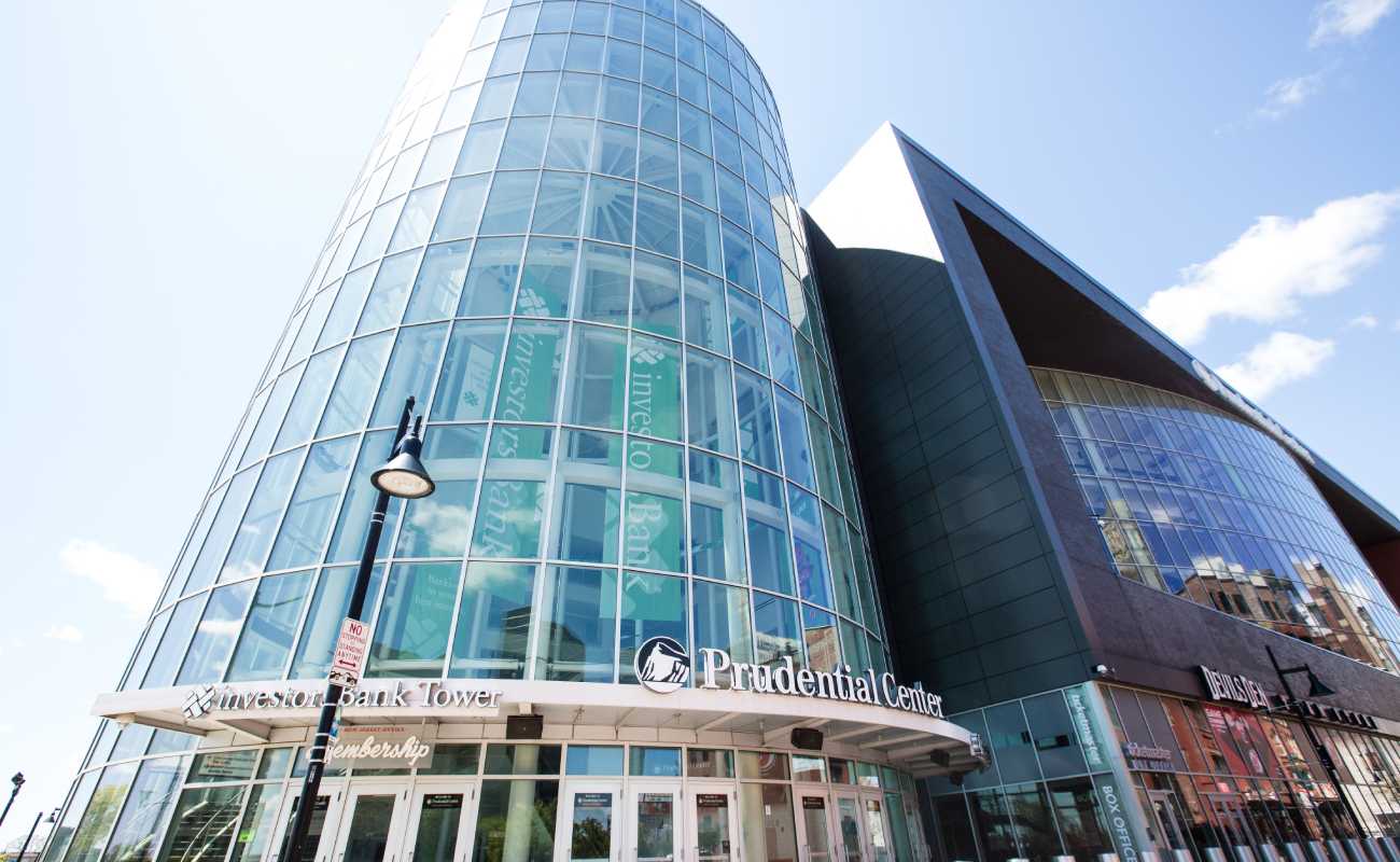 The entrance of the Prudential Center in Newark, New Jersey. Photo by Donell Woodson/Getty Images.