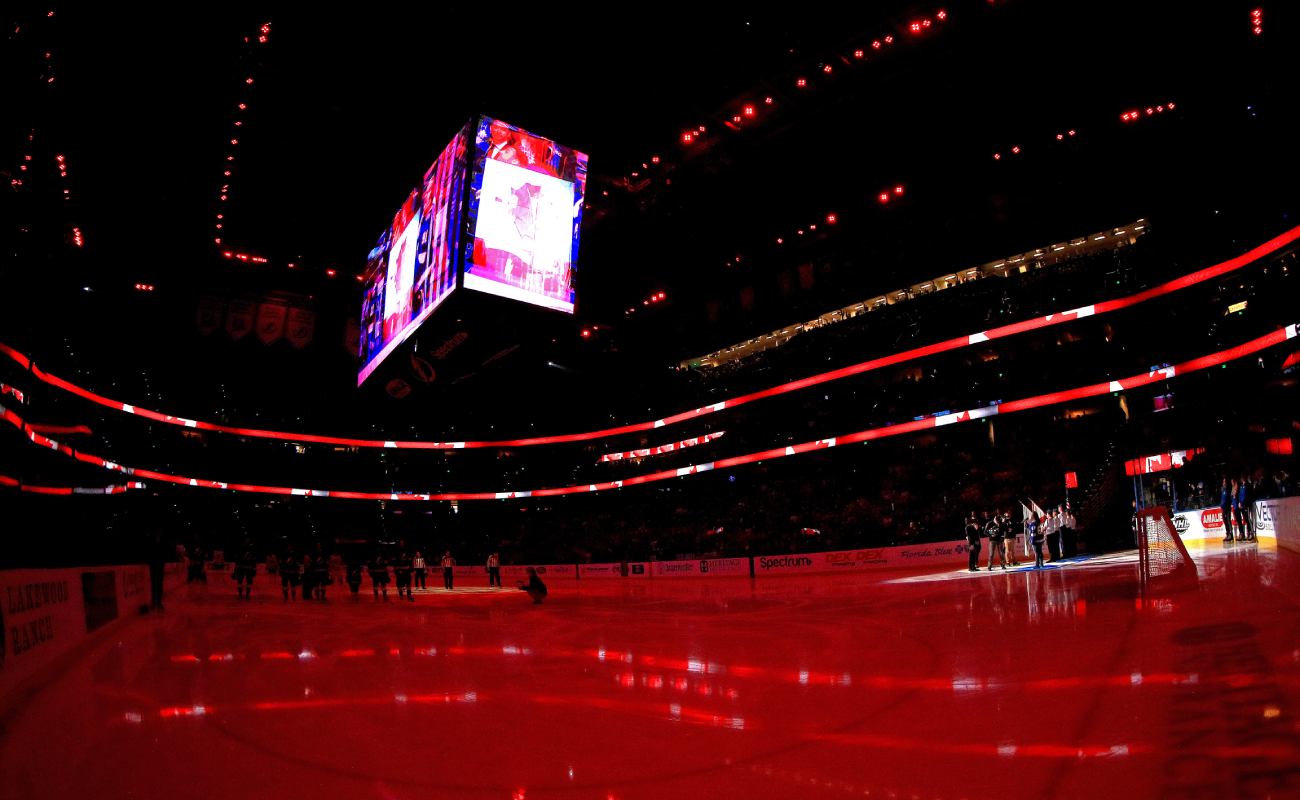 A general view of the Amalie Arena with lights dimmed. Photo by Mike Ehrmann/Getty Images.