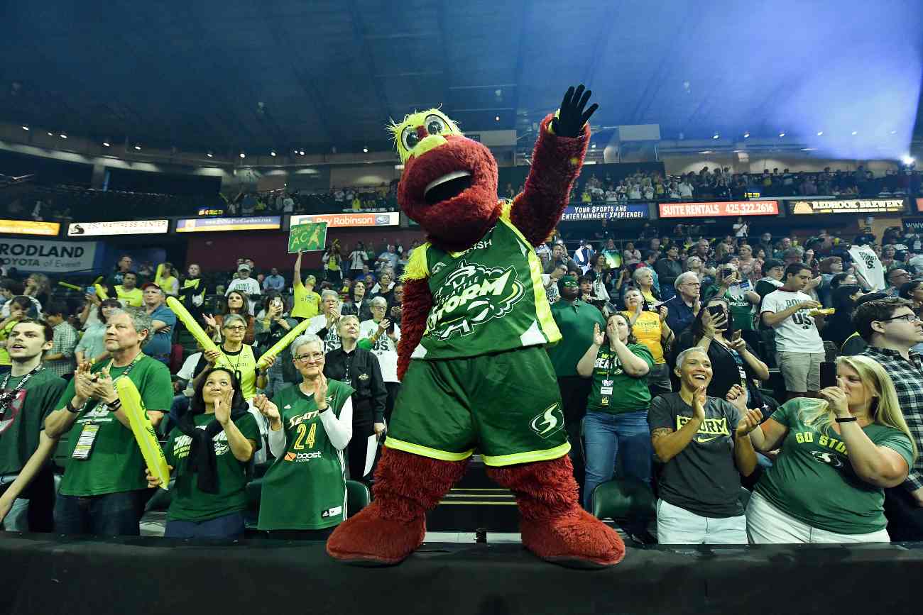 EVERETT, WASHINGTON - SEPTEMBER 11: Doppler the Seattle Storm mascot gets the crowd ready for the game against the Minnesota Lynx before the first game of the WNBA playoffs at the Angel of the Winds Arena on September 11, 2019 in Everett, Washington. (Photo by Alika Jenner/Getty Images)